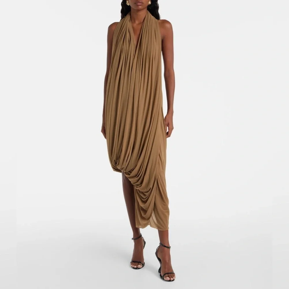 KOIR Stunning draped halter midi evening dress olive brown - Picture 6 of 7